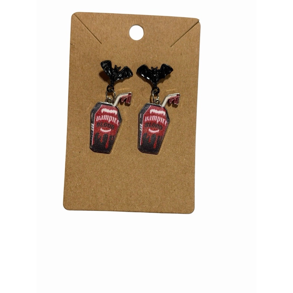 Vampire Blood Coffin Juice Box Dangle Earrings Black Bat Gothic Halloween Spooky